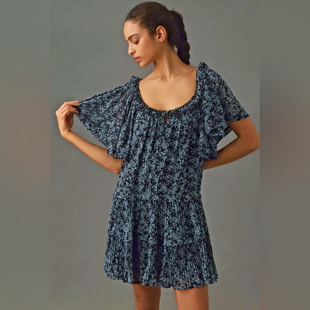 Anthropologie Short Sleeve Keyhole Swing Tunic Mini Dress Blue Floral XSP